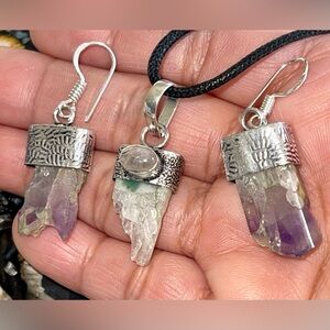 Dainty Rough Amethyst Stalactite Pendant & Earrings Set